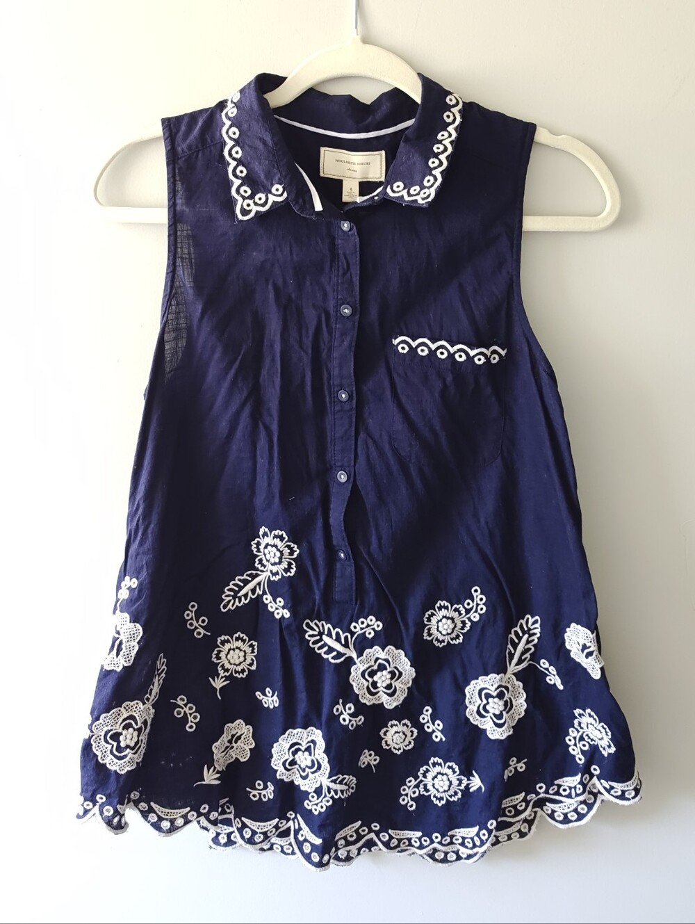 Moulinette Soeurs Navy Blue Sleeveless Tunic with White Embroidery